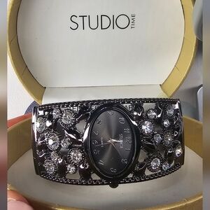 Brand New! Studio Time black w/Rhinestones Bangle Bracelet Watch